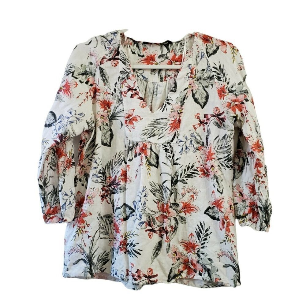 Zara Womens Blouse XS 100% Linen Top White Floral Tropical Print V-Neck Spring